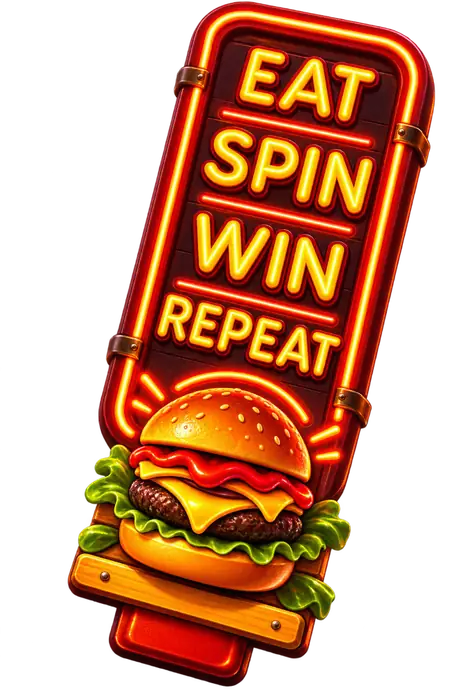 Neonschild von BunsBet mit dem Schriftzug Eat Spin Win Repeat